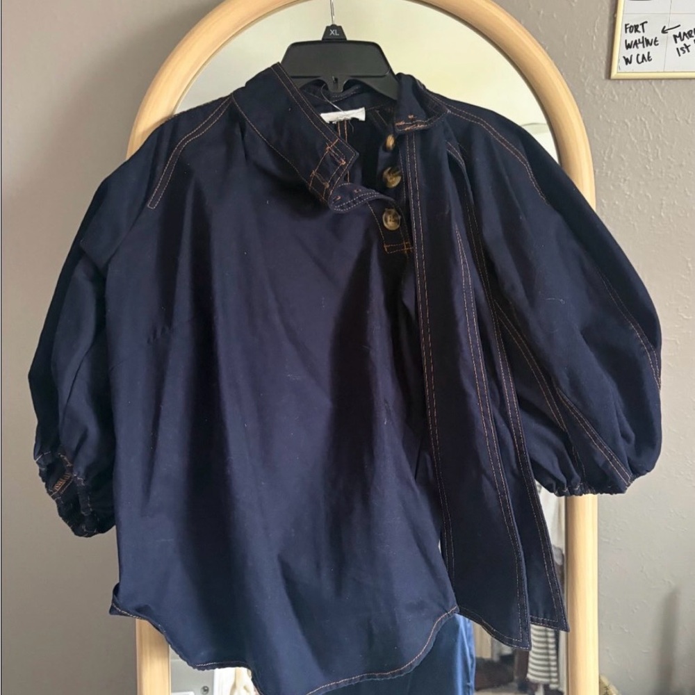 Navy Short-Sleeve Button Popover Top
